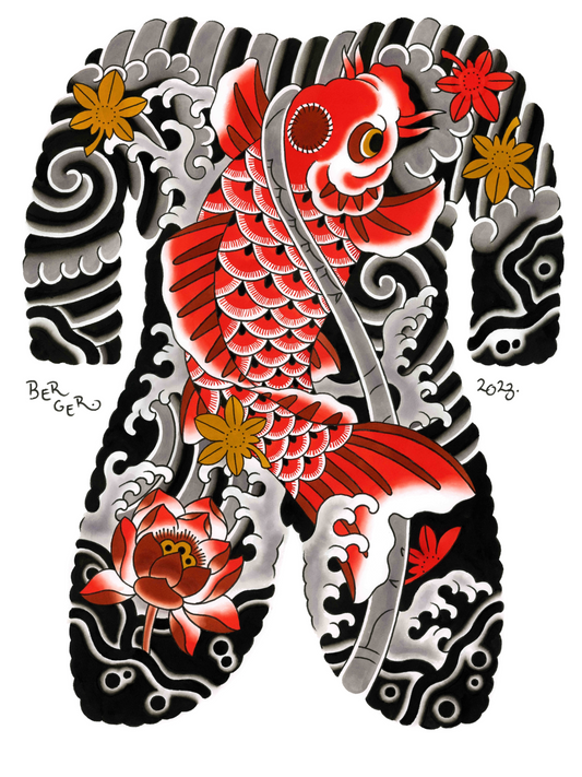 Watercolour and ink painting of an japanese backpiece tattoo, featuring a red koi fish swimming up a waterfall with maple leaves, wind, clouds, rocks and a lotus flower. A common irezumi motif.