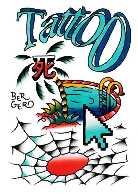 A traditional American tattoo style painting of vaporwave. pictured is the word “tattoo” in a warped clip art font, a palm tree with the kanji for “death” in it, a pool, a mouse cursor, and a traditional web.